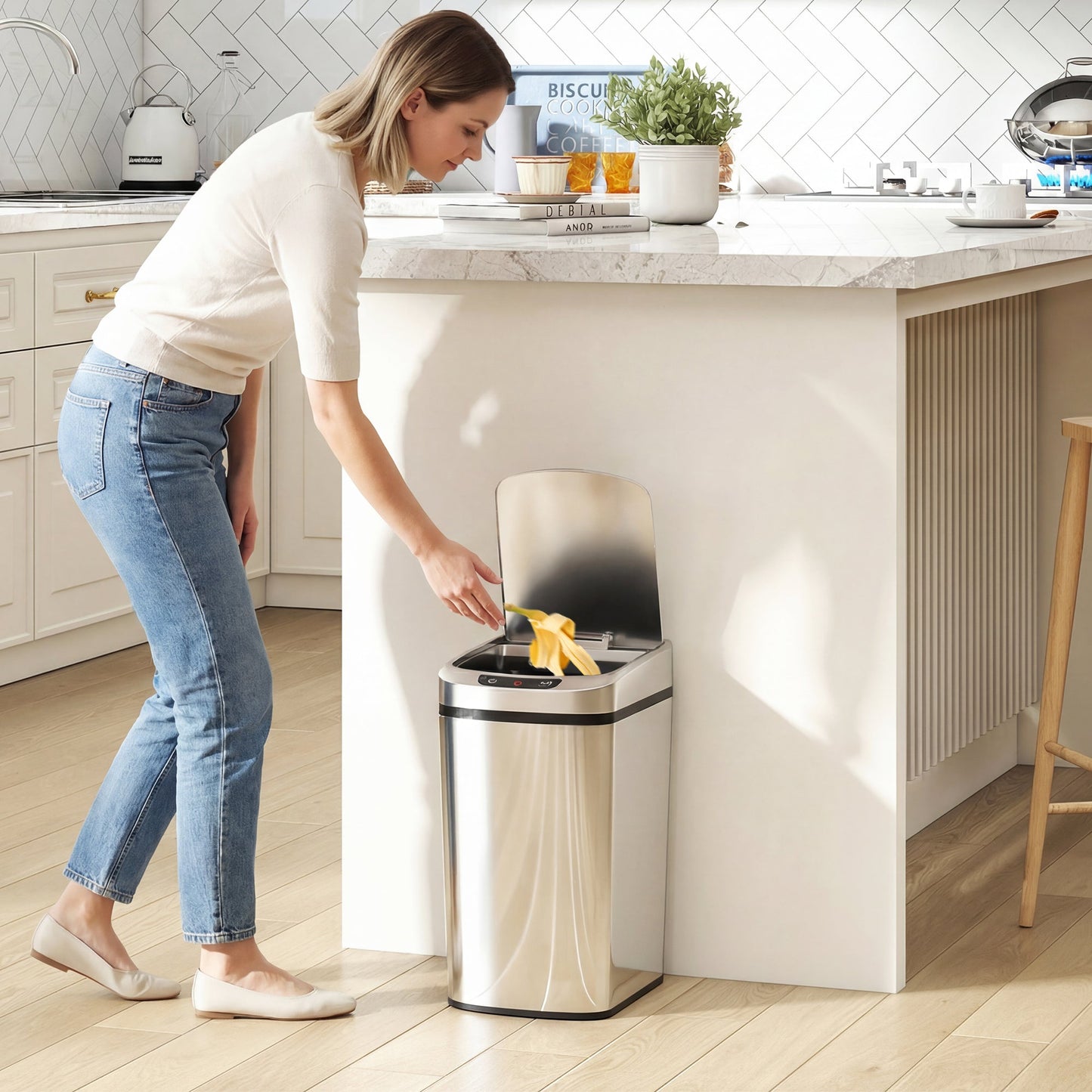 HOMCOM 12L Sensor Bin, Automatic Touchless Motion Sensor Kitchen Bin with Fingerprint Resistant Stainless Steel, Silver