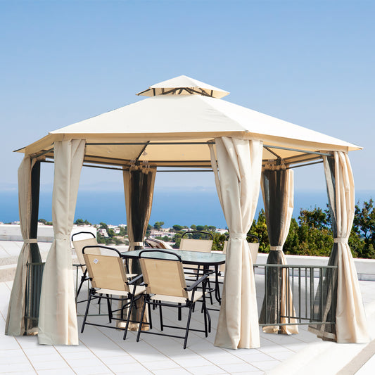 Outsunny 3 x 3(m) Hexagon Gazebo Patio Canopy Party Tent Outdoor Garden Shelter w/ 2 Tier Roof & Side Panel - Beige