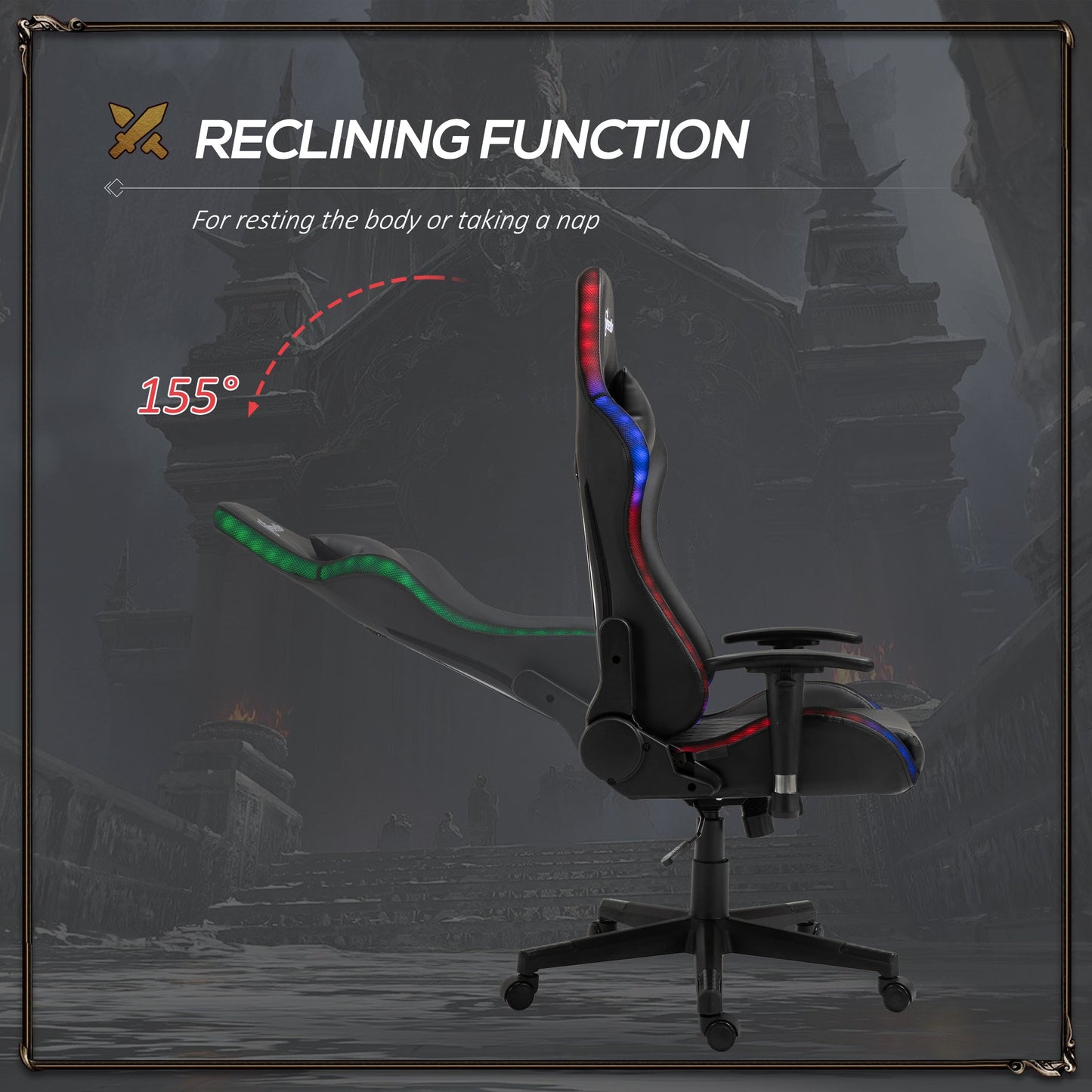 Vinsetto Gaming Chair with RGB LED Light, 2D Arm, Lumbar Support, Height Adjustable Swivel Office Computer Recliner, Racing Gamer Desk Chair for Home, Black