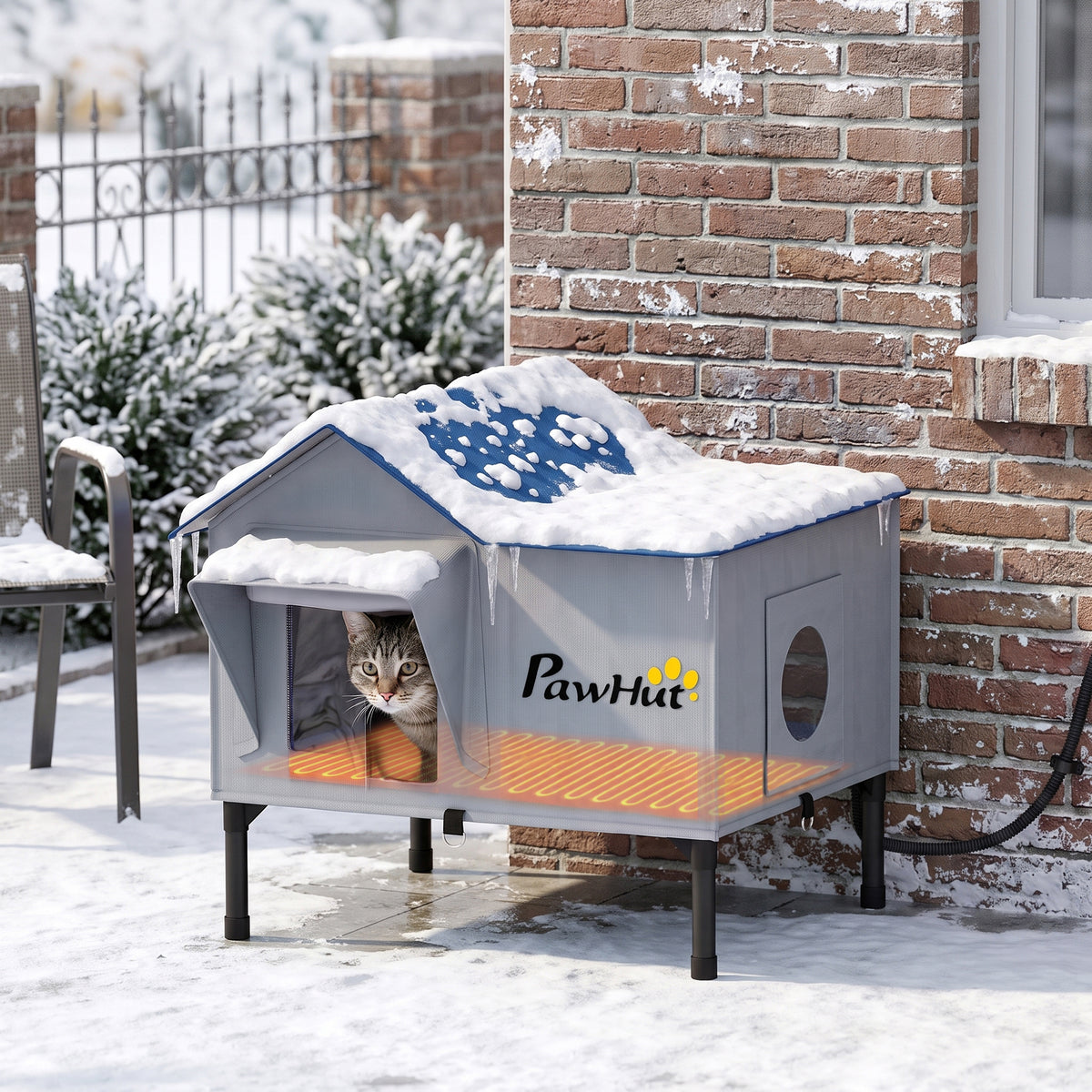 PawHut Heated Cat House Weatherproof w/ Heating Pad, Elevated Base, Escape Door, Cat Winter Shelter for Stray, Barn Cats