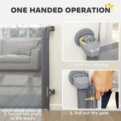 PawHut Retractable Dog Gate, Extends to 140 cm Wide & 93 cm Tall, Mesh Pet Gate with Single Hand Operation, for Stairs Doorways