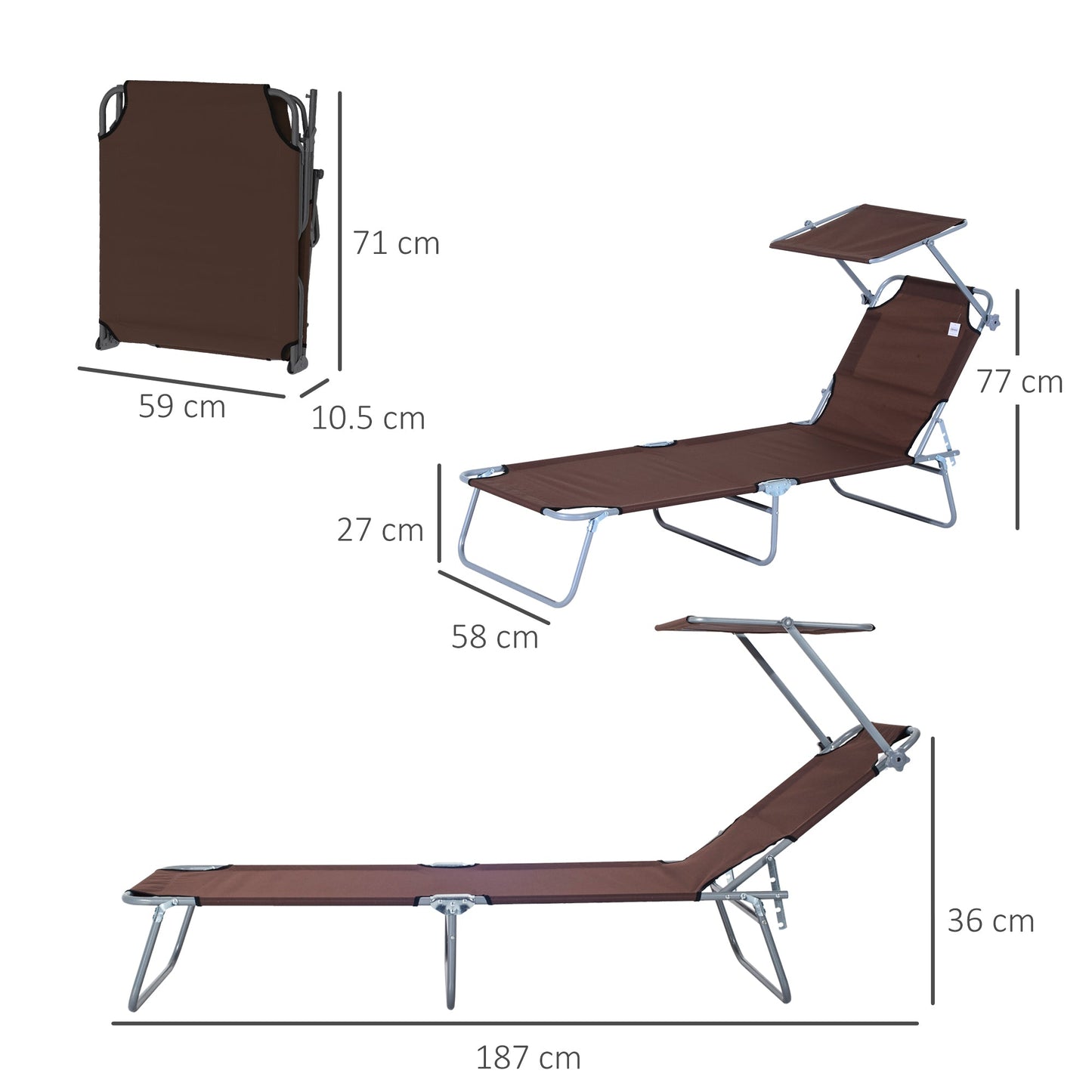 Outsunny Outdoor Foldable Sun Lounger, 4 Level Adjustable Backrest Reclining Sun Lounger Chair with Angle Adjust Sun Shade Awning for Beach, Garden, Patio, Brown