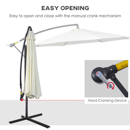 Outsunny 3(m) Garden Banana Parasol Hanging Cantilever Umbrella with Crank Handle, 8 Ribs and Cross Base for Outdoor, Sun Shade, Cream White