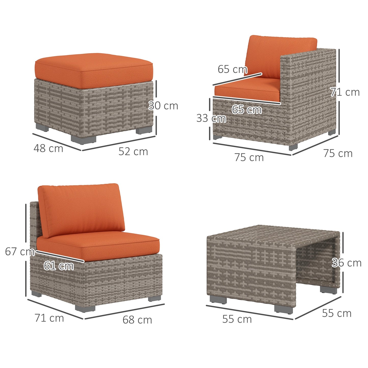 Outsunny Eight-Piece Rattan Garden Set, with Contrast Cushions - Orange/Grey