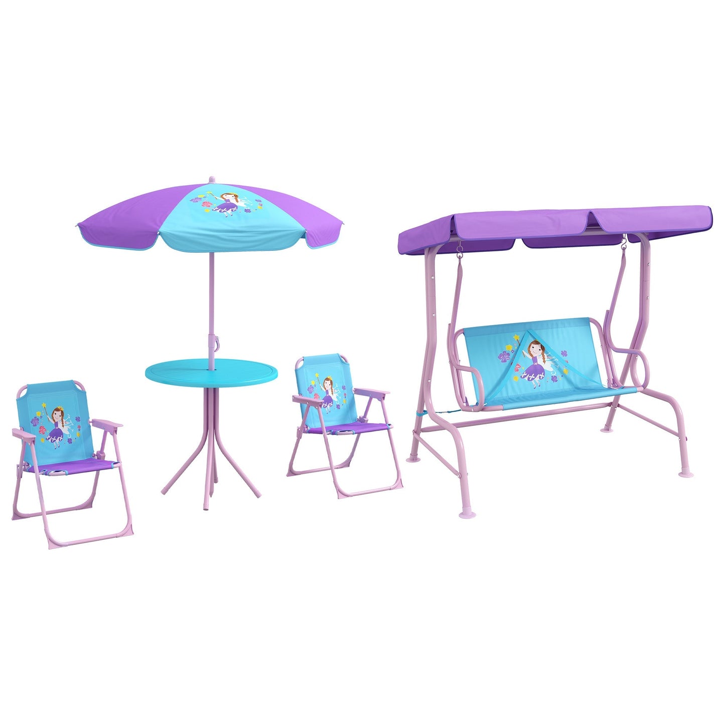 4 Piece Kids Garden Furniture Set With 2 Seater Garden Swing Chair Adjustable Canopy, Childrens Table & Chair Set For Toddler Girls 3-6 Years Old