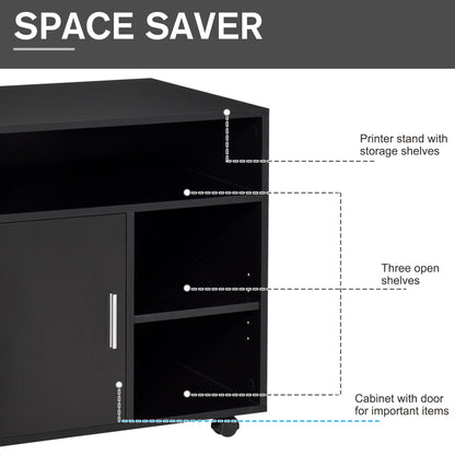 HOMCOM Multi-Storage Printer Stand Unit Office Desk Side Mobile Storage w/ Wheels Modern Style 60L x 50W x 65.5H cm - Black