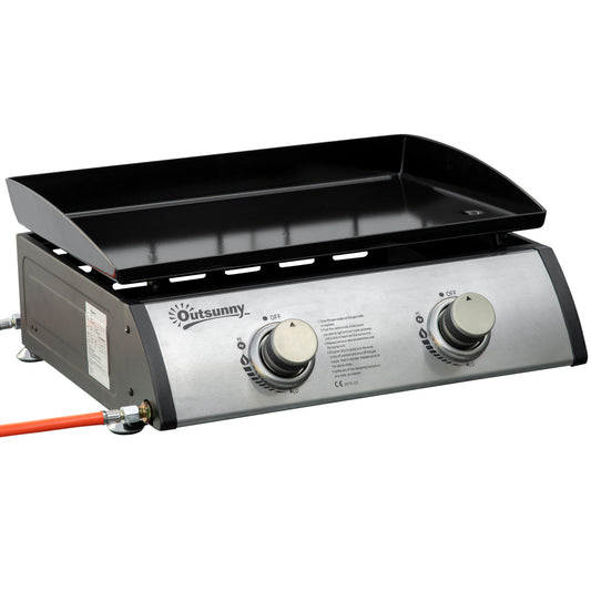 Grill gazowy Outsunny Plancha z 2 palnikami ze stali nierdzewnej, 6 kW, przenośny grill gazowy stołowy z nieprzywierającą płytą grillową na kemping, piknik, przyjęcie ogrodowe, festiwal