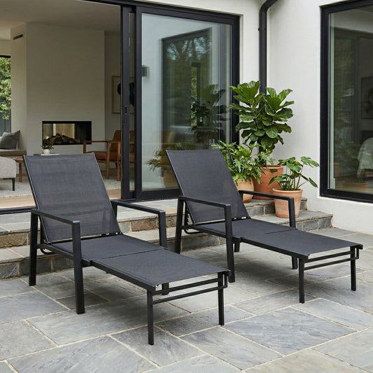 Outsunny Sun Loungers Set of 2 Retractable Footrest 5-Position Adjustable Steel Frame for Beach, Porch, Patio, Camping, Black