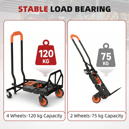 HOMCOM Steel 2-in-1 Folding Hand Truck on Wheels, Foldable Trolley with Foldable Base, 120kg, Black and Orange