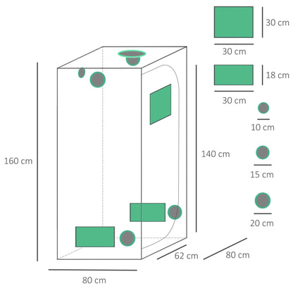 Outsunny Mylar Hydroponic Grow Tent with Adjustable Vents and Floor Tray for Indoor Plant Growing, 80 x 80 x 160cm
