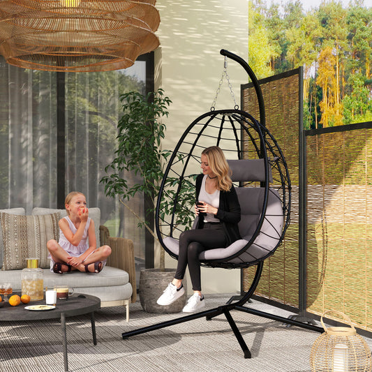 Huśtawka ogrodowa Outsunny wisząca w kształcie jajka, huśtawka ogrodowa z koszem składanym, pogrubiona poduszka, wiszący fotel ogrodowy ze stojakiem, zagłówek na patio, balkon, szary