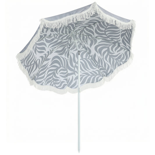 Outsunny 1.8 m Beach Umbrella Parasol with Sand Anchor, Portable Tilting Garden Parasol with Adjustable Height, Light Grey