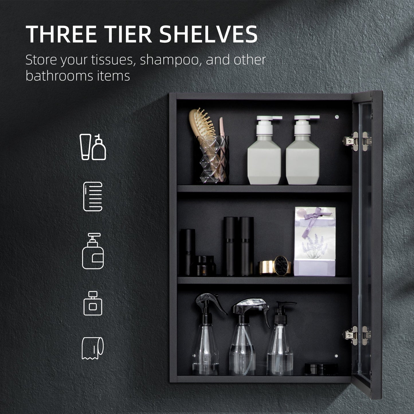 kleankin Bathroom Cabinet with Mirror, Wall Mounted Bathroom Mirror Cabinet with Storage Shelves, 40 x 12 x 60 cm, Black