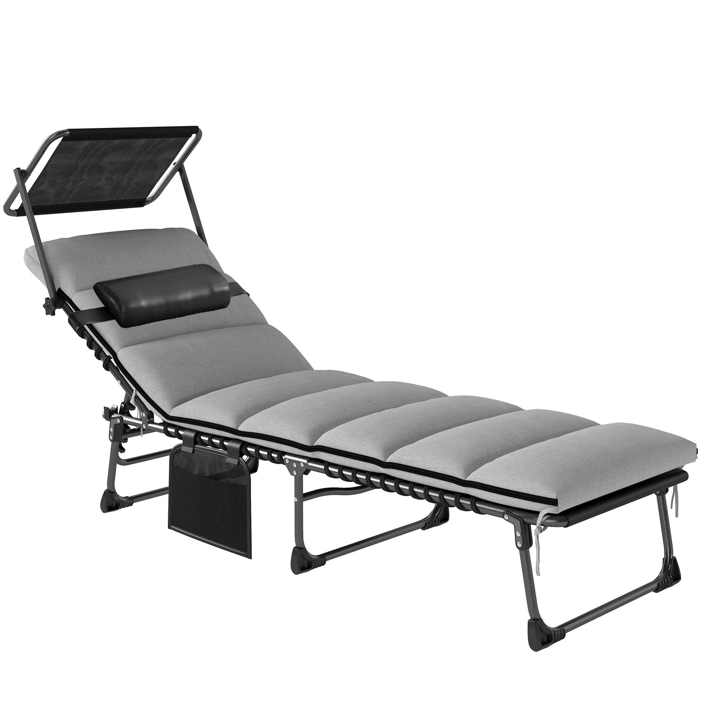 Outsunny Folding Sun Lounger with Canopy, Reclining Sunbed with Cushion, Side Pocket, Carrying Handle, Light Grey
