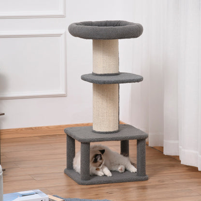 PawHut Cat Tree Kitten Tower متعدد المستويات، أثاث الحيوانات الأليفة مع عمود خدش من السيزال، مجثم قطيفة باللون الرمادي