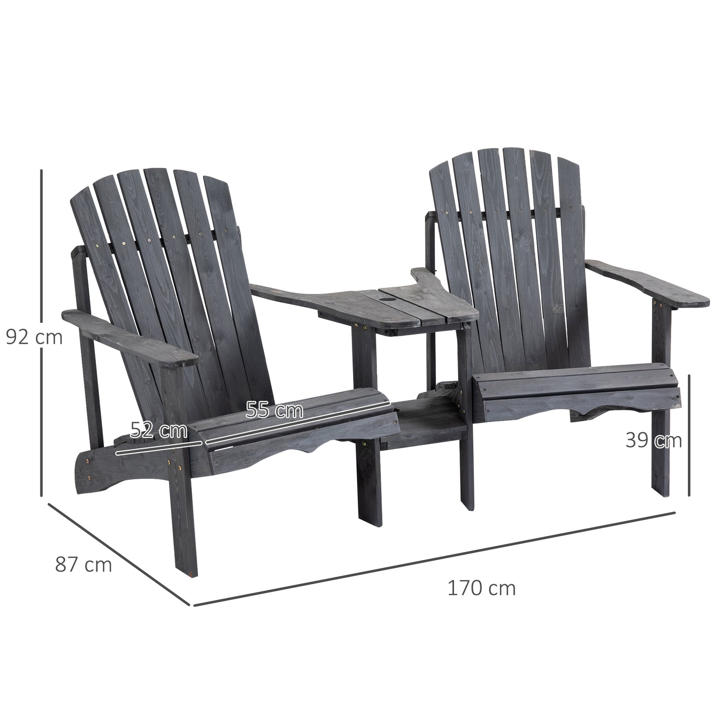 Outsunny Drewniane Podwójne Krzesła Adirondack Zewnętrzne Sofa Dwuosobowa ze Stolikiem Centralnym i Otworem na Parasol, Meble Ogrodowe Patio do Wypoczynku i Relaksu, Ciemnoszary