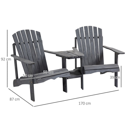 Outsunny Drewniane Podwójne Krzesła Adirondack Zewnętrzne Sofa Dwuosobowa ze Stolikiem Centralnym i Otworem na Parasol, Meble Ogrodowe Patio do Wypoczynku i Relaksu, Ciemnoszary
