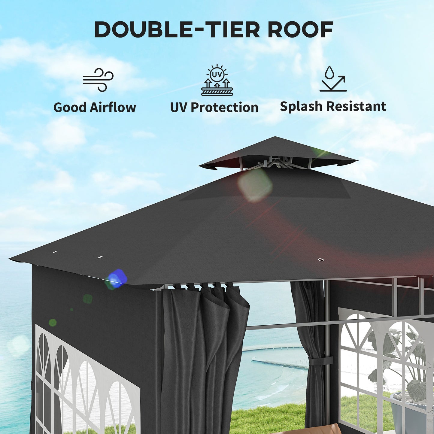 Outsunny 3 x 3 m Garden Gazebo, Double Roof Metal Gazebo with Removable Sidewalls and Church Windows, Outdoor Canopy Shelter, Dark Grey