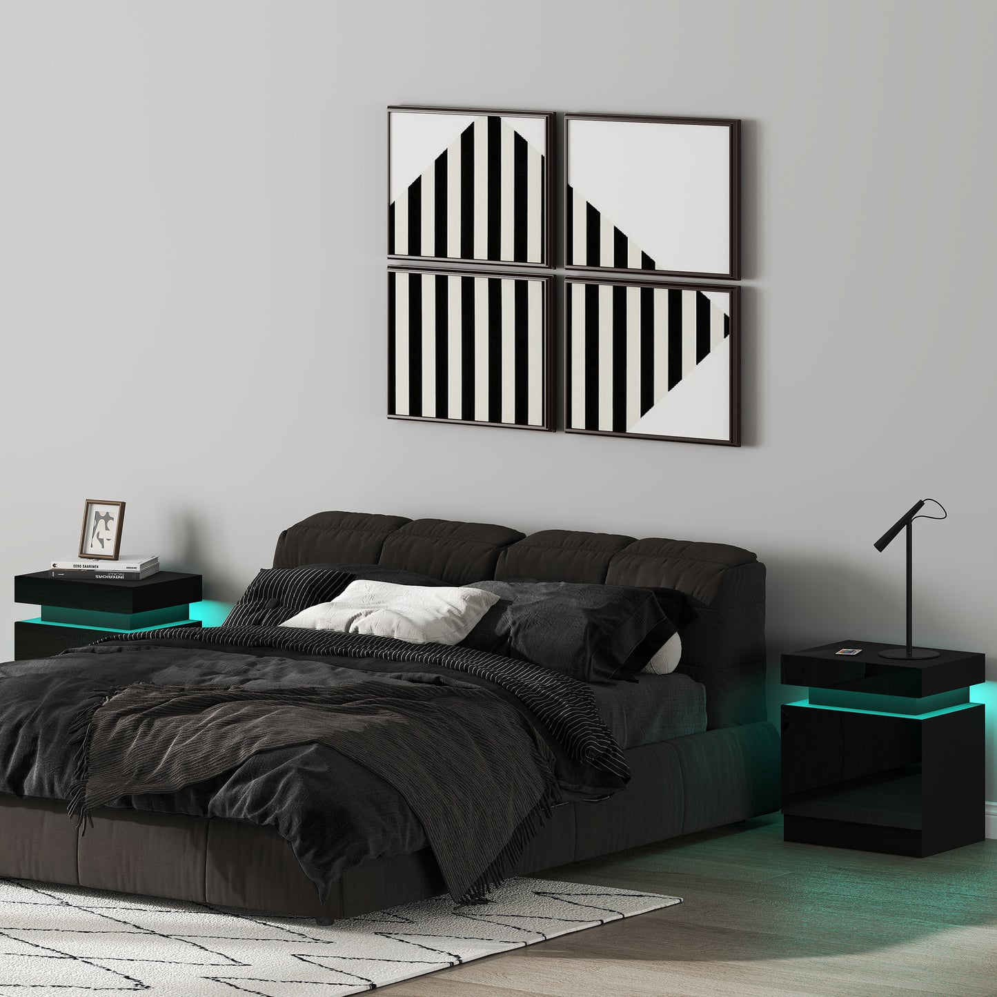 HOMCOM High Gloss Front Bedside Tables Set of 2, Nightstands with RGB LED Light and 2 Drawers, Chest of Drawers for Bedroom, Living Room, Black