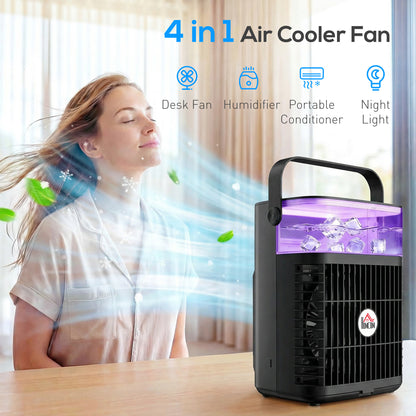 HOMCOM Air Cooler with Adjustable Head, Portable Air Conditioner with 3 Wind Speed, 2 Cool Mist, RGB Light, Black