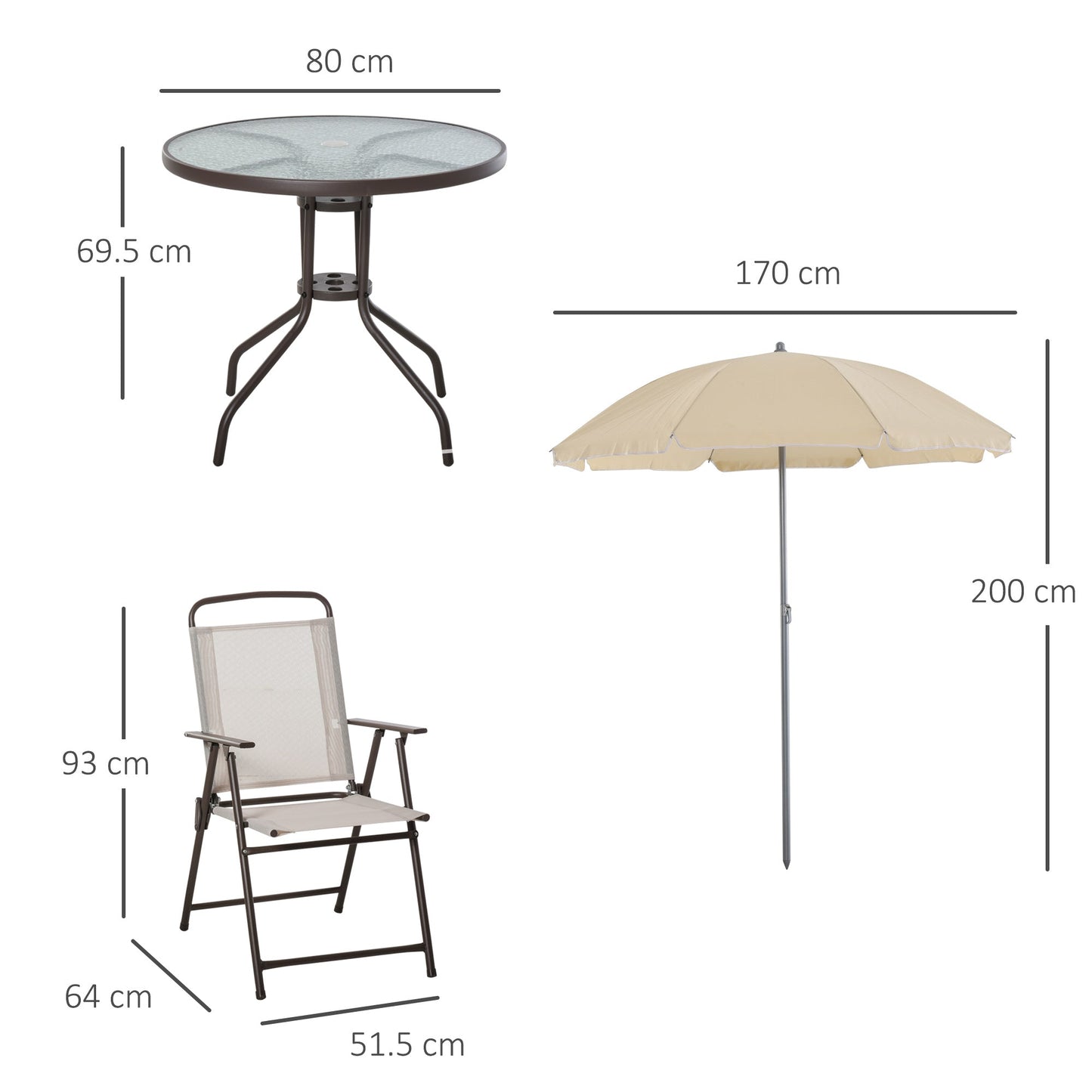 Outsunny Garden Patio Texteline Folding Chairs Plus Table and Parasol Furniture Bistro Set 6 Pieces - Coffee/Cream