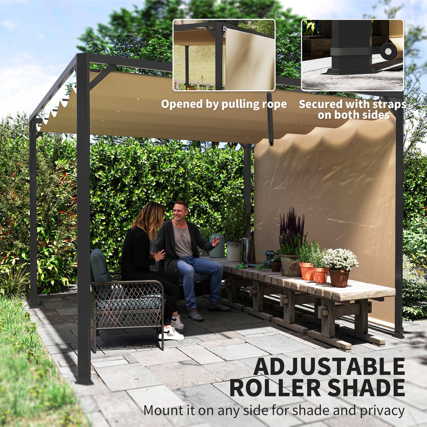 Pergola aluminiowa Outsunny 3 x 3 m z rozsuwanym dachem i ścianą w kolorze khaki