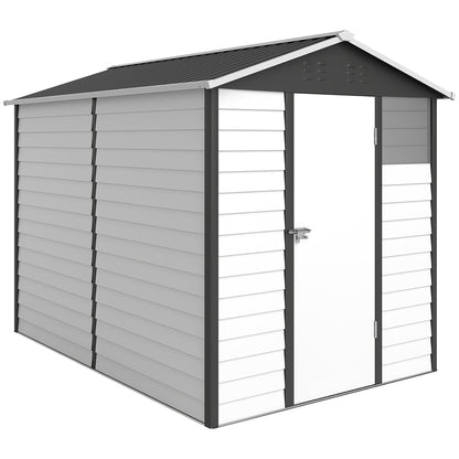 Outsunny 9x 6FT Metalowy zewnętrzny domek ogrodowy, ocynkowany domek narzędziowy ze skośnym dachem, zamykane drzwi na patio i trawnik, ciemnoszary