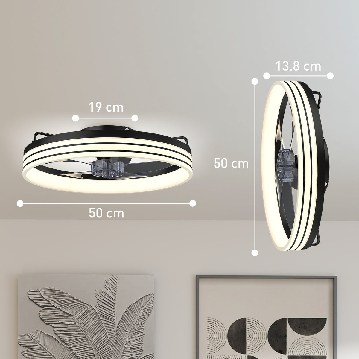 HOMCOM Ceiling Fans with Lights and Remote & App Control, 50cm LED Ceiling Fan Light with 3 Colour Temperatures, 6 Speed, Black