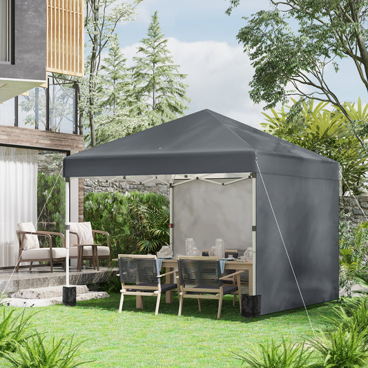 Outsunny 3 x 3 (M) Pop Up Gazebo, UPF 30+ z 2 ścianami bocznymi, workami na ciężarki na nogi i torbą na kółkach, namiot imprezowy z regulacją wysokości, schronienie na imprezy do ogrodu, na patio, ciemnoszary