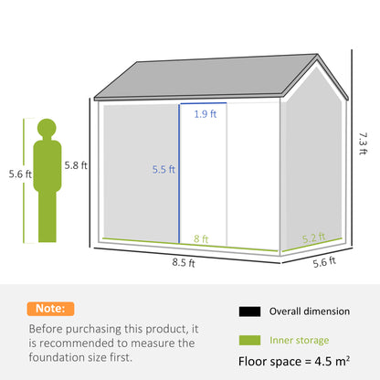 Outsunny 8 x 6 ft Galvanised Garden Shed, Outsoor Metal Storage Shed with Double Doors Window Air Vents for Patio, Lawn, Grey