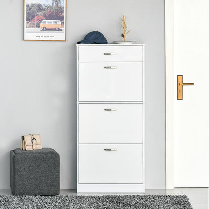 HOMCOM Shoe Cabinet with 3 Flip Drawers, High Gloss Shoe Storage Cabinet with Top Drawer and Adjustable Shelves, Shoe Cupboard for 18 Pairs, White