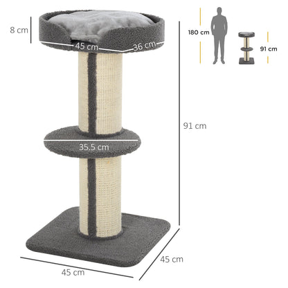 PawHut 91cm Cat Tower Scratching Posts Cat Tree for Indoor Cats Kitten Activity Centre Grey