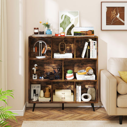 8-Cube Mid Century Modern Bookcase with 5 Tapered Metal Legs-Coffee