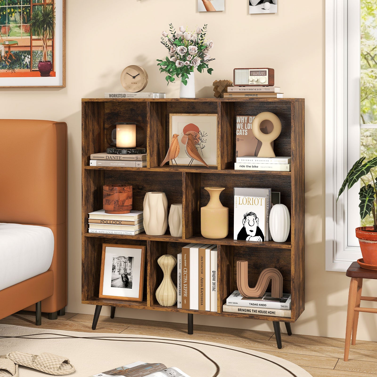 8-Cube Mid Century Modern Bookcase with 5 Tapered Metal Legs-Coffee
