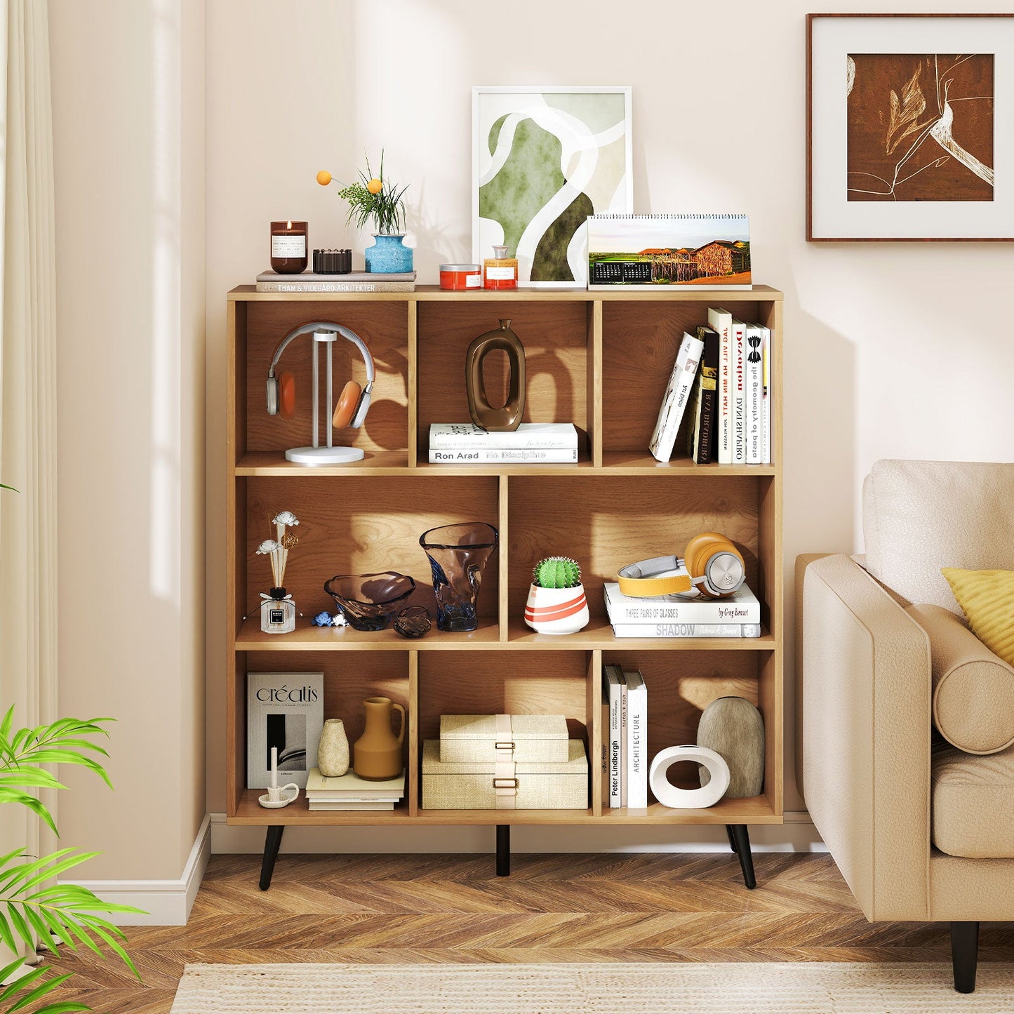 8-Cube Mid Century Modern Bookcase with 5 Tapered Metal Legs-Natural