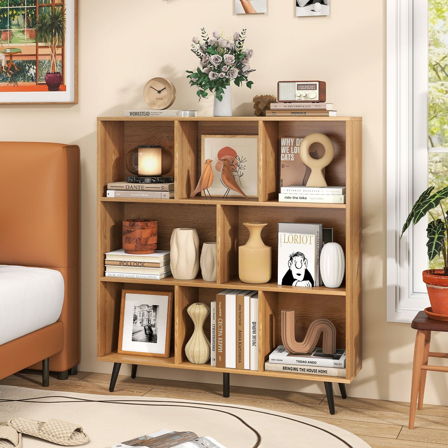 8-Cube Mid Century Modern Bookcase with 5 Tapered Metal Legs-Natural