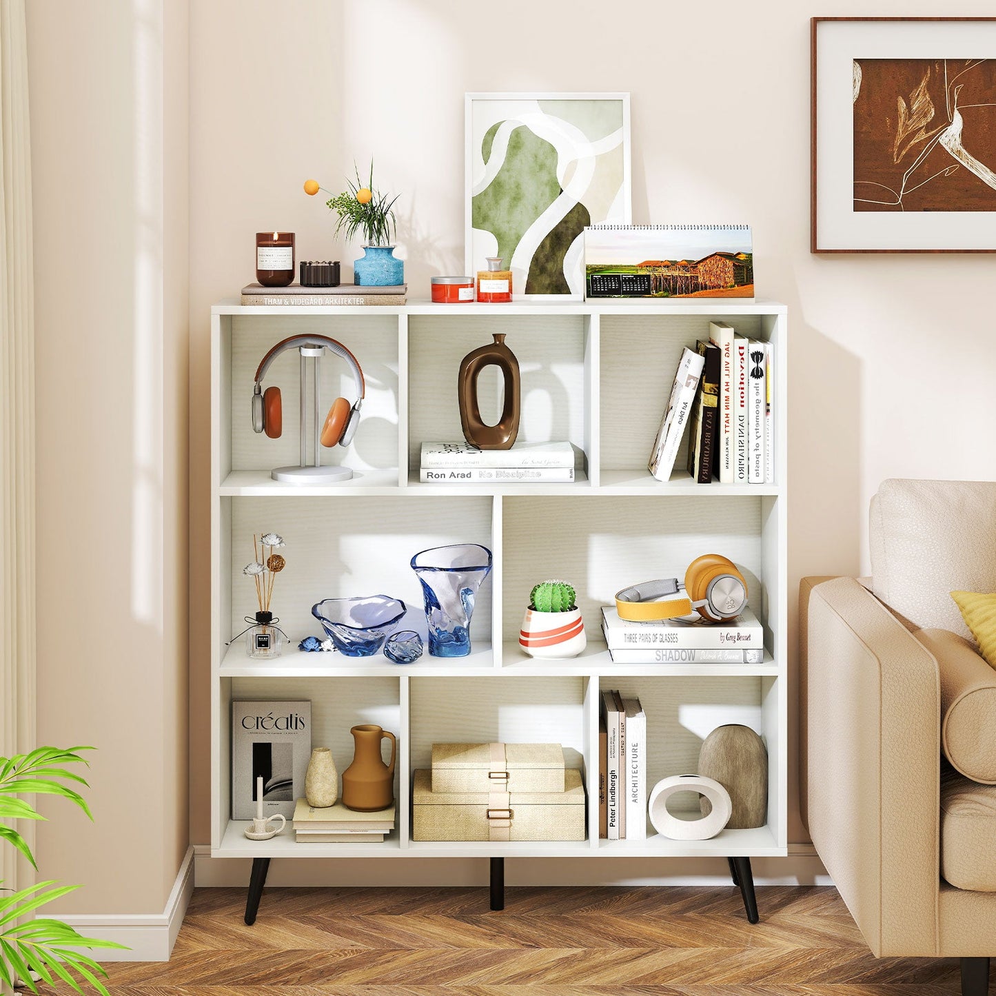 8-Cube Mid Century Modern Bookcase with 5 Tapered Metal Legs-White