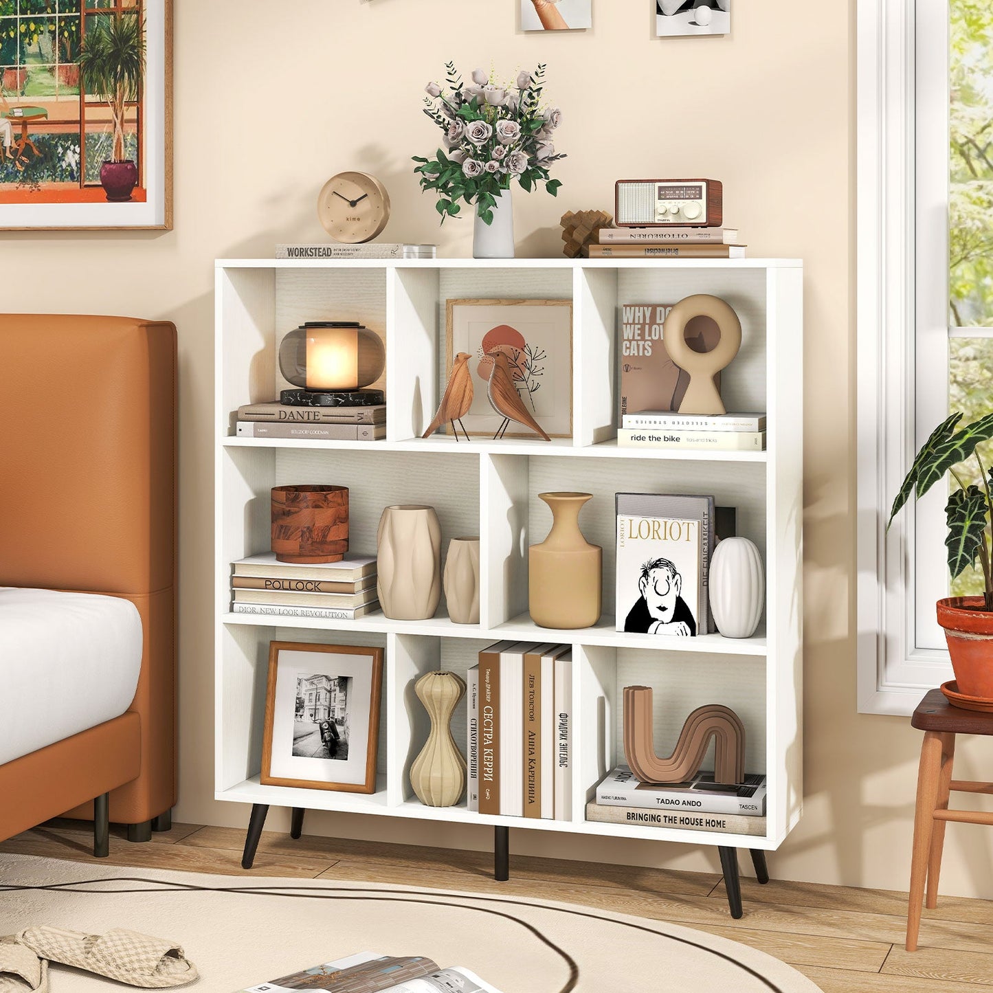 8-Cube Mid Century Modern Bookcase with 5 Tapered Metal Legs-White