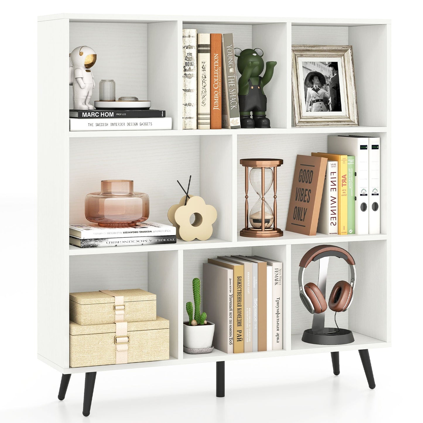 8-Cube Mid Century Modern Bookcase with 5 Tapered Metal Legs-White