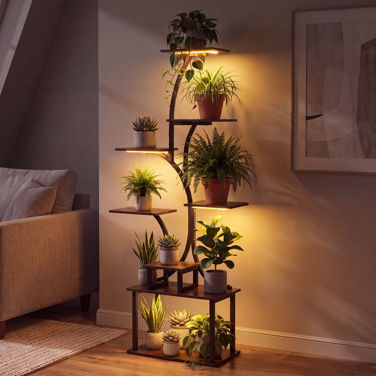 8-Tier Morden Style Plant Stand with Ambient LED Lights-Rustic Brown