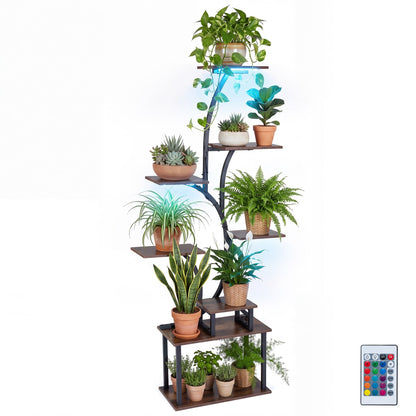 8-Tier Morden Style Plant Stand with Ambient LED Lights-Rustic Brown