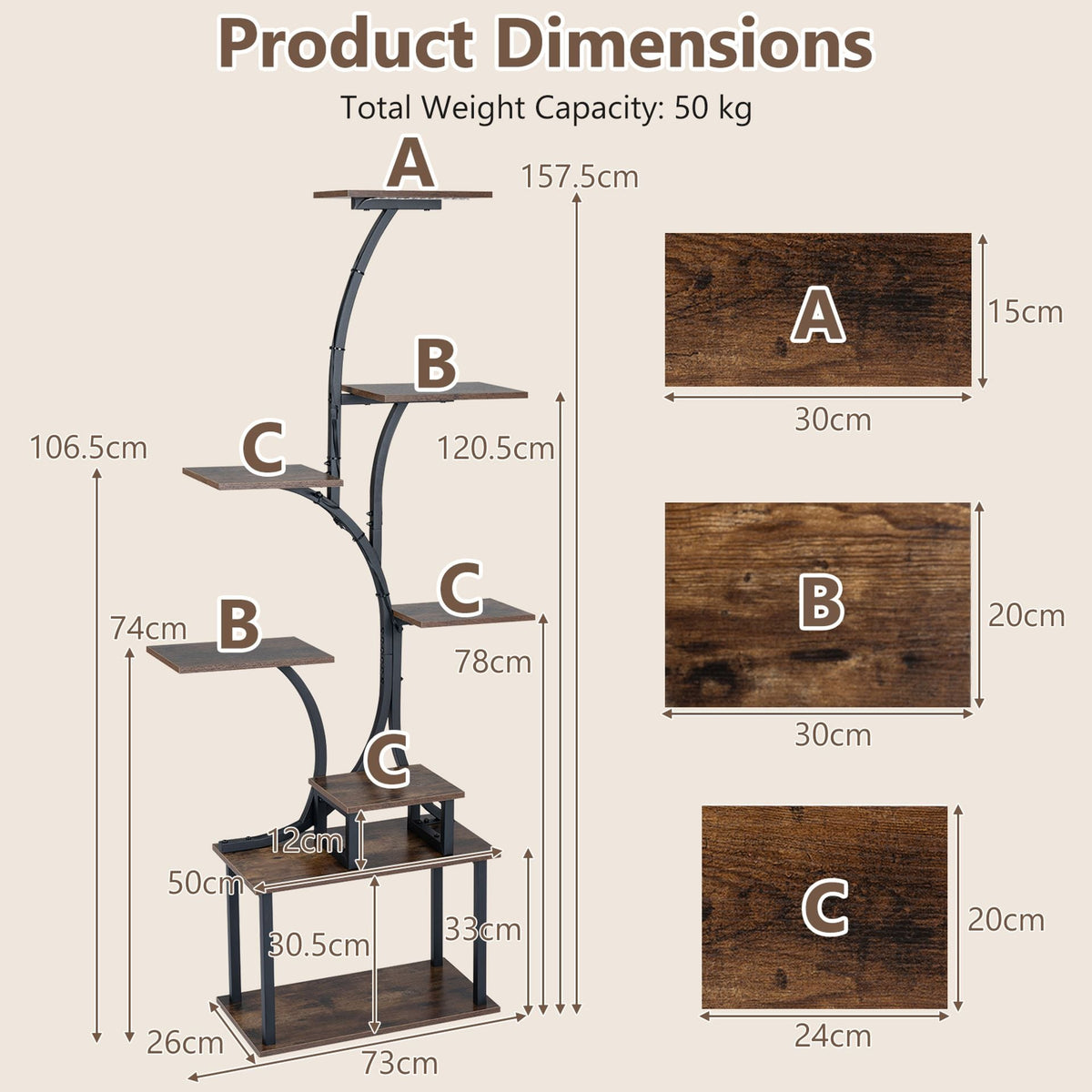 8-Tier Morden Style Plant Stand with Ambient LED Lights-Rustic Brown