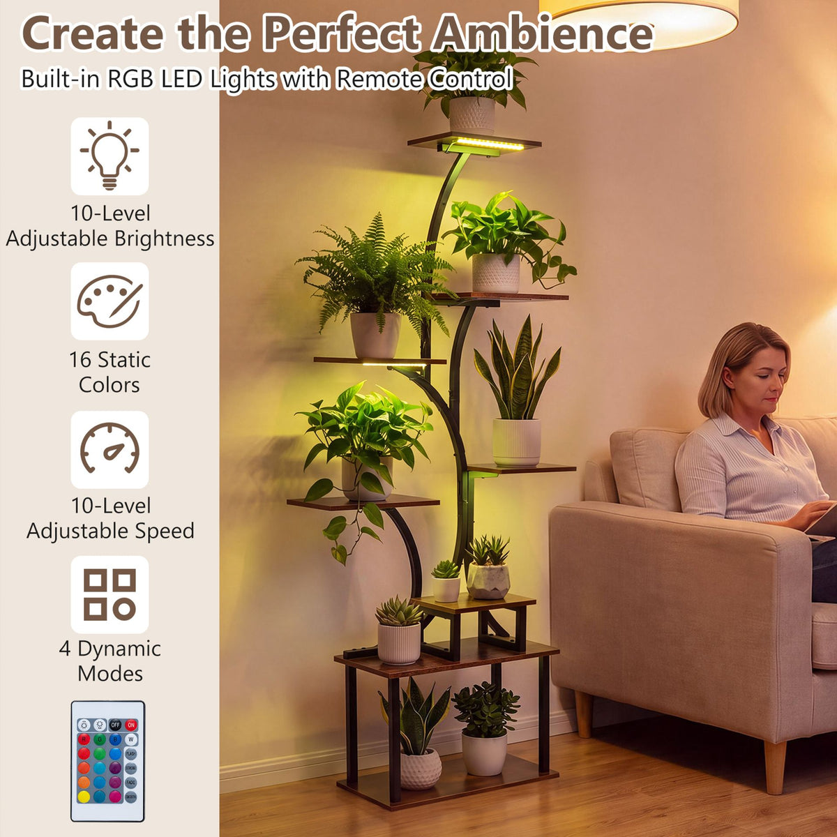 8-Tier Morden Style Plant Stand with Ambient LED Lights-Rustic Brown