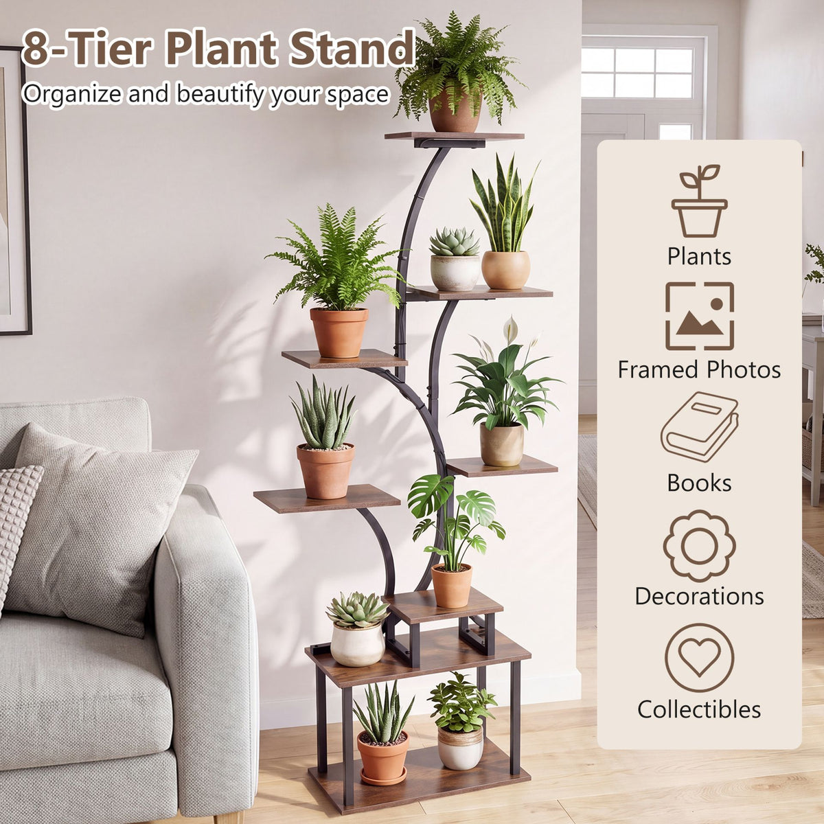 8-Tier Morden Style Plant Stand with Ambient LED Lights Set of 2-Rustic Brown