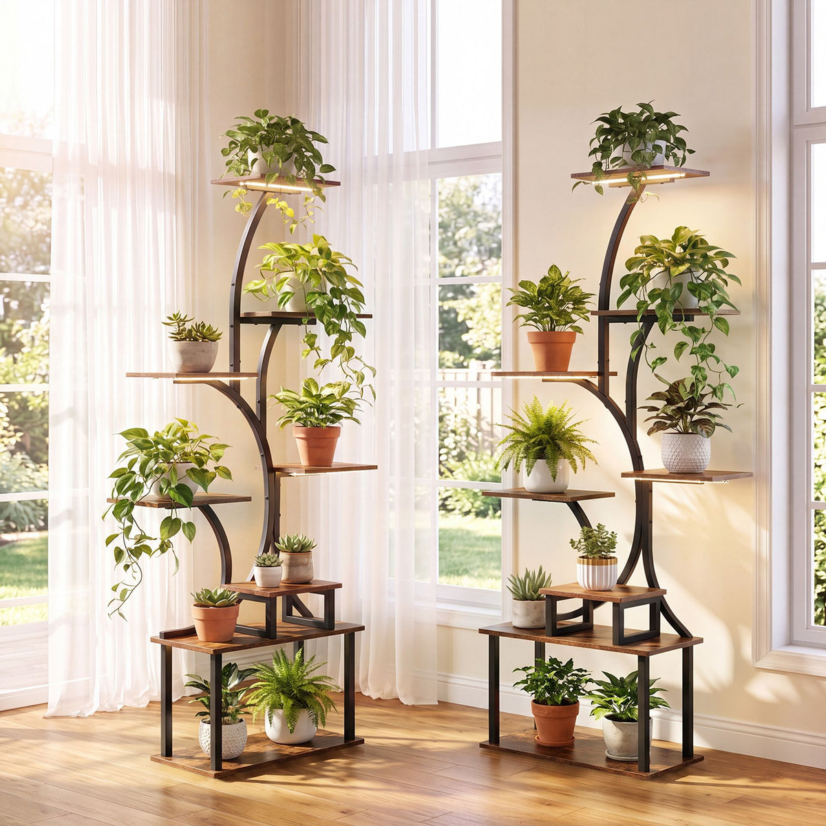 8-Tier Morden Style Plant Stand with Ambient LED Lights Set of 2-Rustic Brown