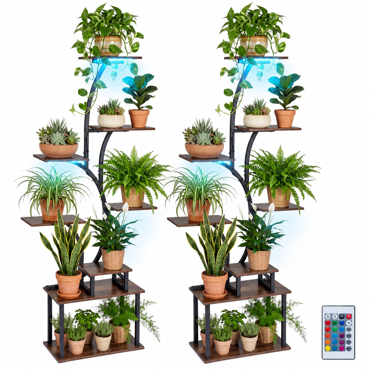 8-Tier Morden Style Plant Stand with Ambient LED Lights Set of 2-Rustic Brown