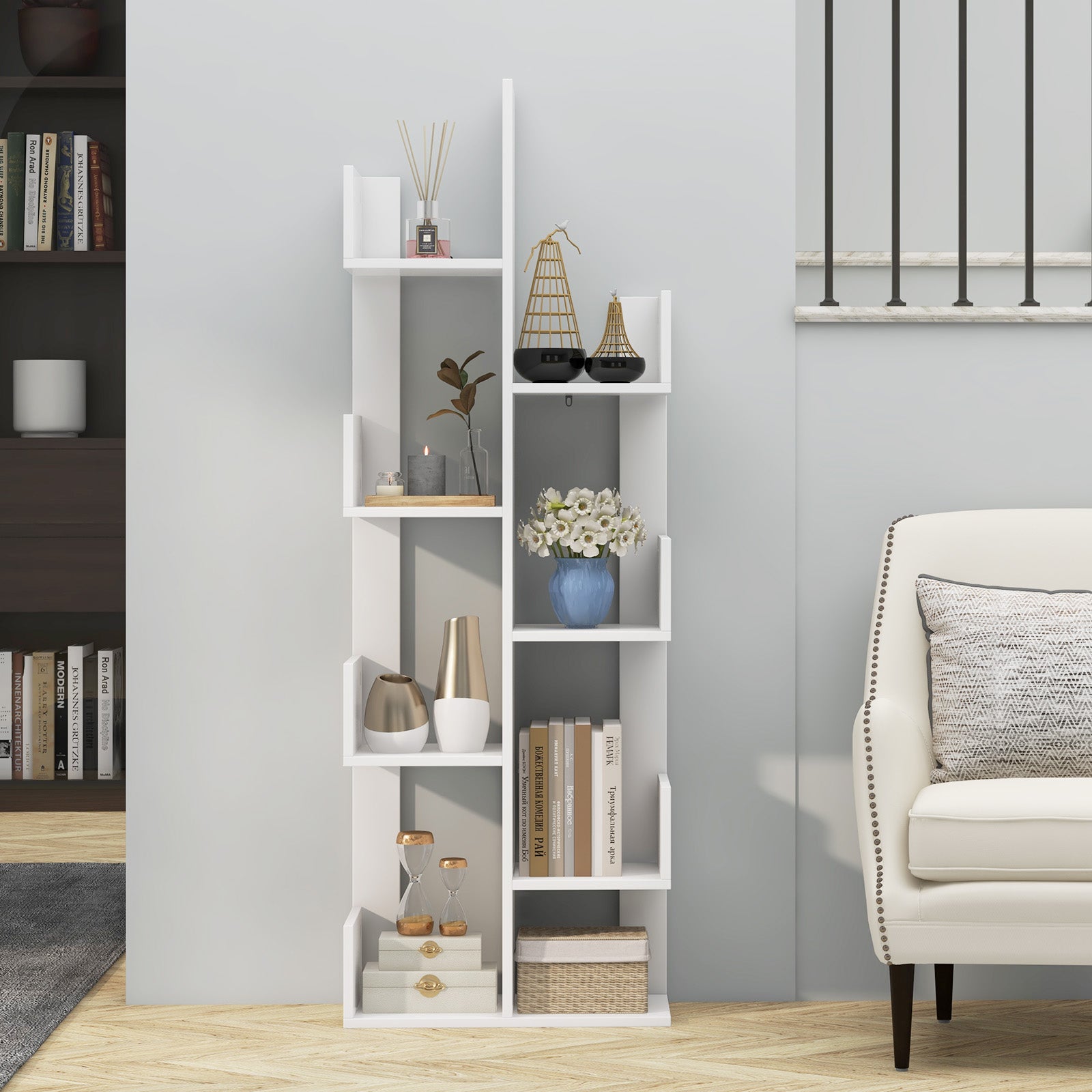 8-Tiers Floor Standing Tree Shaped Bookshelf-White