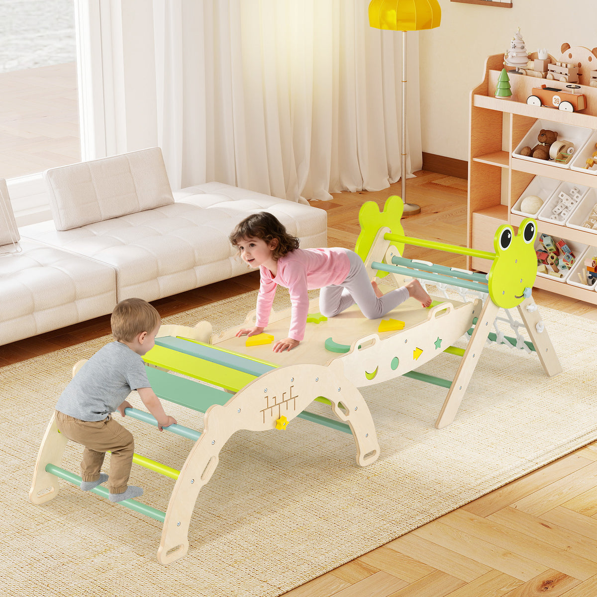 8-in-1 Toddler Wooden Triangle Set with Arch Climber and Foldable Rope Triangle-Green