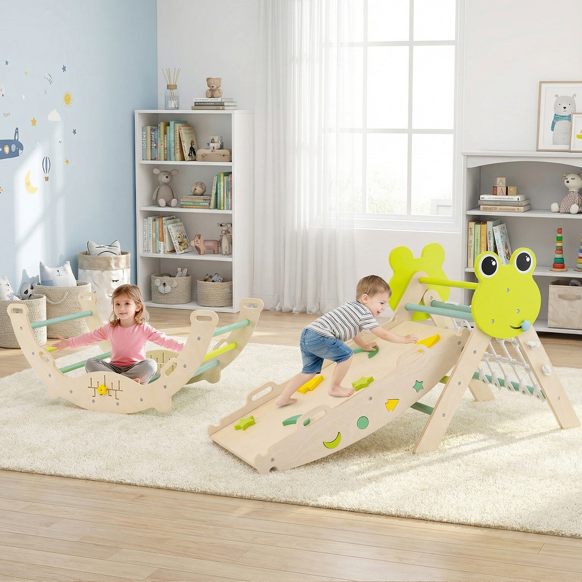 8-in-1 Toddler Wooden Triangle Set with Arch Climber and Foldable Rope Triangle-Green