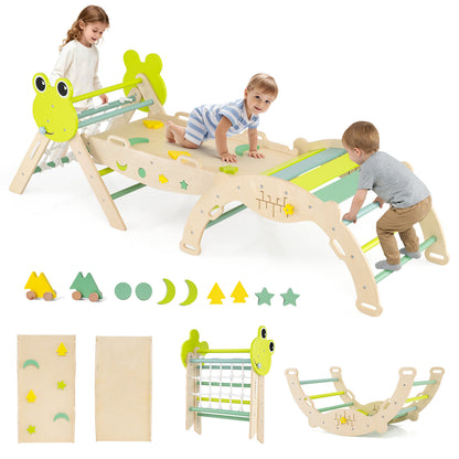 8-in-1 Toddler Wooden Triangle Set with Arch Climber and Foldable Rope Triangle-Green